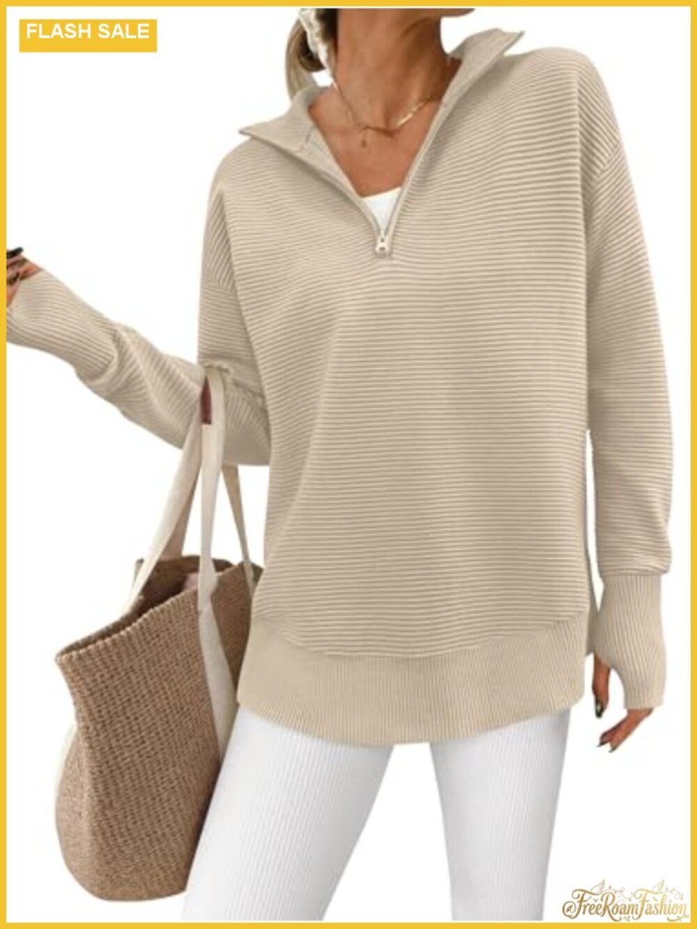Womens Ribbed Knit Quarter Zip Pullover Sweater Loose Fit Long Sleeve